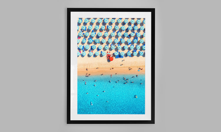 Blue and White Umbrellas. Sardinia, Italy (Portrait)