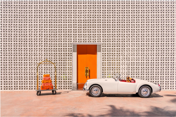 Arrival at the Parker, Palm Springs in a 1960 MG Roadster