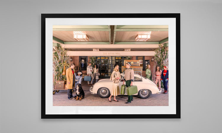 Arrival at the Little Nell Hotel in Porsche 356. Aspen