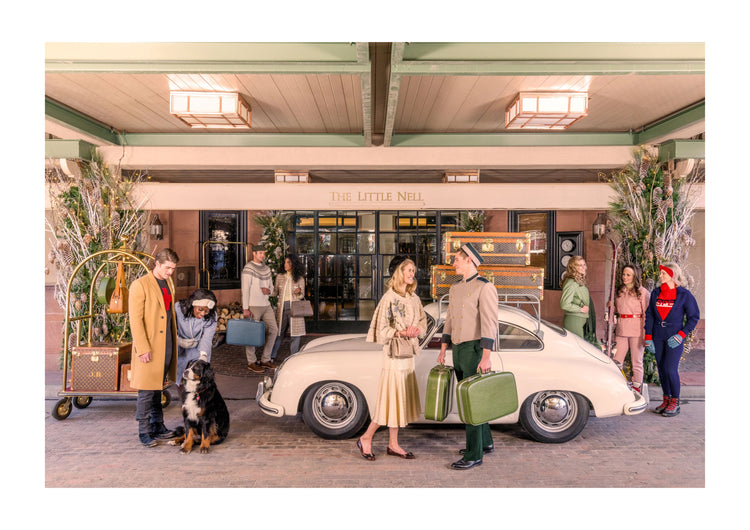 Arrival at the Little Nell Hotel in Porsche 356. Aspen