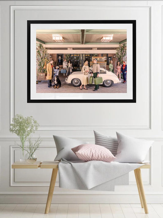 Arrival at the Little Nell Hotel in Porsche 356. Aspen