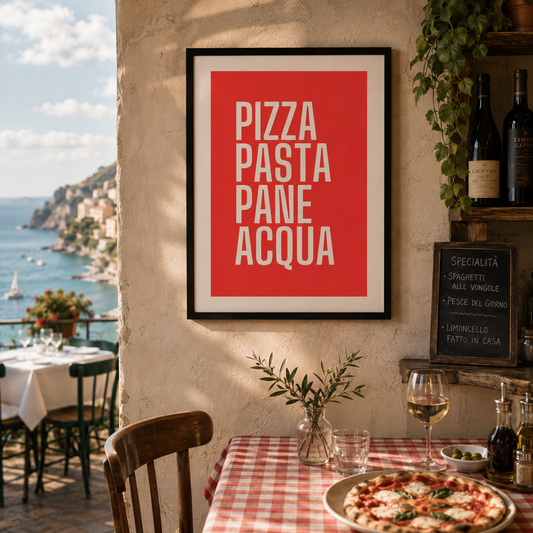 Pizza, Pasta, Pane, Acqua Print