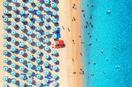 Blue and White Umbrellas. Sardinia, Italy (Landscape)